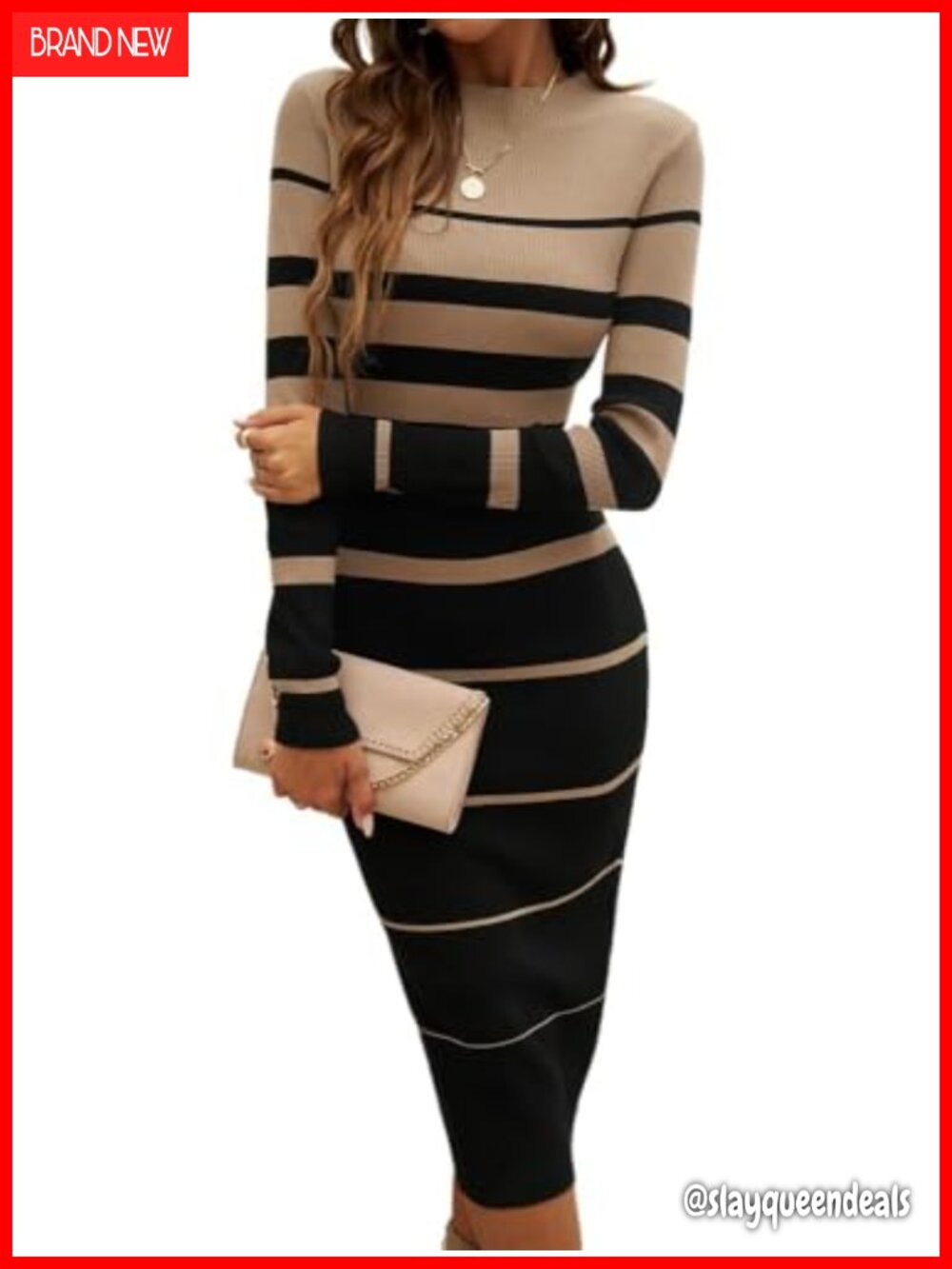 Women's Striped Ribbed Knit Long Sleeve Bodycon Midi Sweater Dress